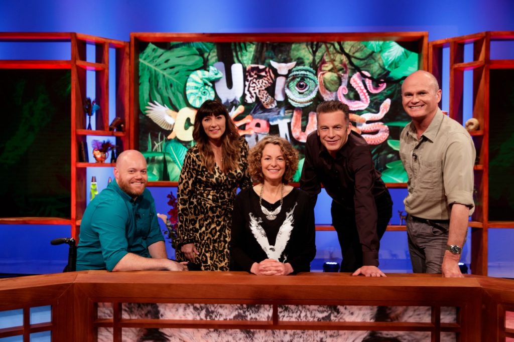 Kate Humble with curious creatures team captains Chris Packham and Lucy Cooke