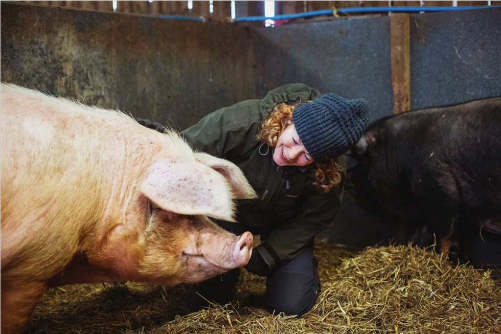 Kate Humble with Sausage the pig Escape to the Farm