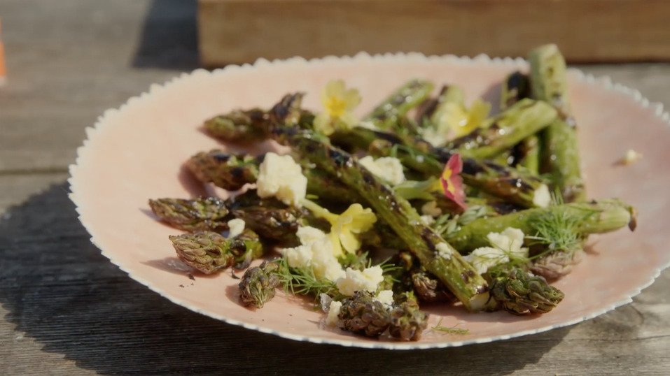 Grilled Asparagus with Primroses, Herbs and British Feta
