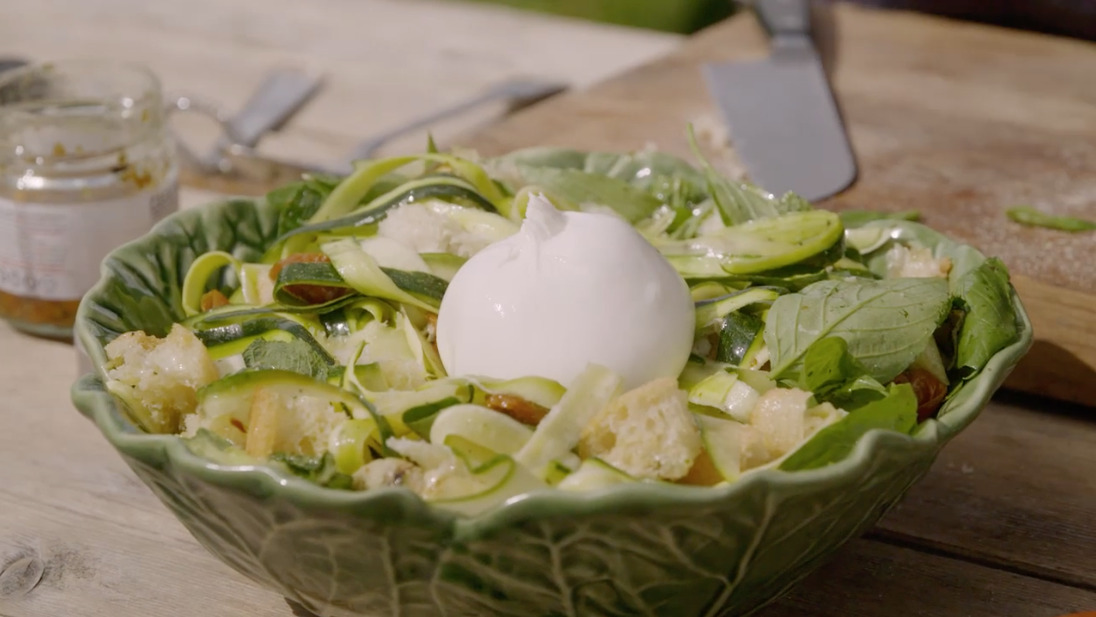 Courgette, artichoke and burrata panzanella recipe